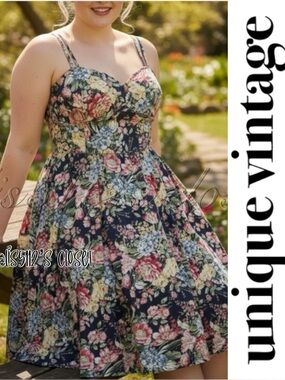 Unique Vintage Navy Garden Party Floral Print Pinup Retro Swing Dress 2X 18